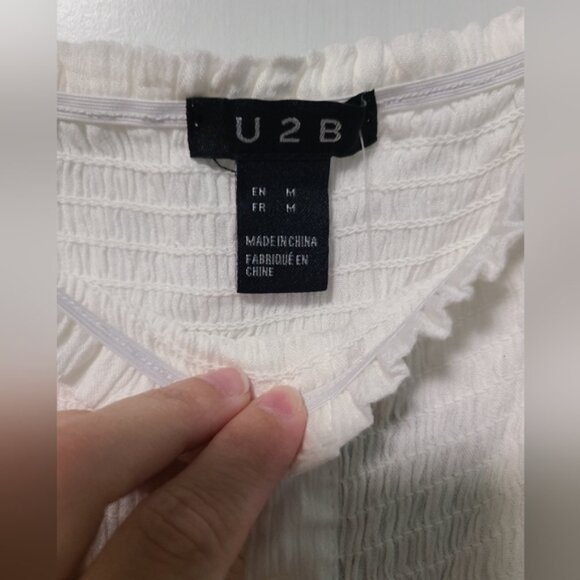 White Off-Shoulder Smocked Peasant Cottage Core Flounce Long Sleeve Crepe Top - Picture 5 of 11